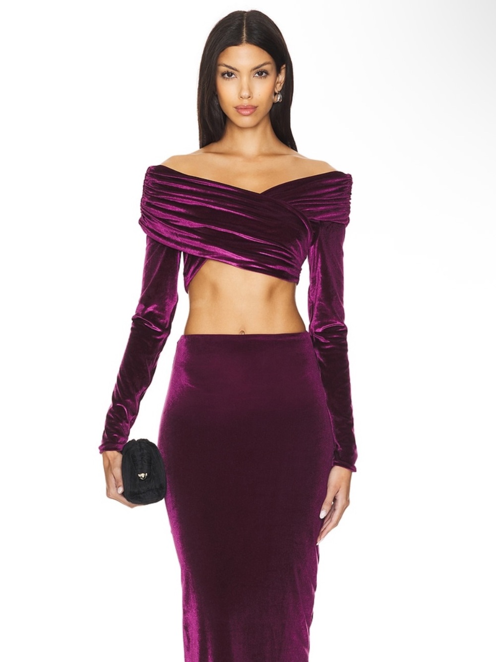 Maygel Coronel Lido Off The Shoulder Velvet Crop Top in Plum Purple One Size - Picture 2 of 8